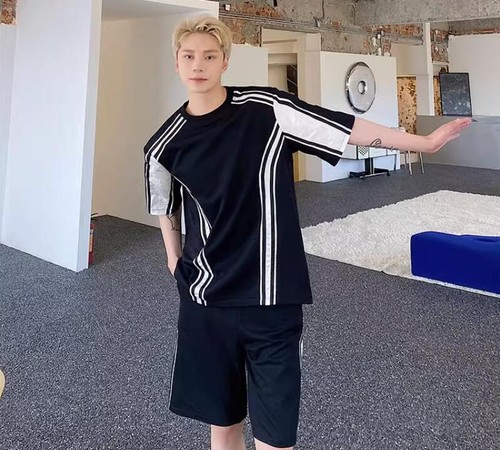 Men's Fashion Summer Round Collar Short Sleeve Color Matching T-shirt Shorts 2PC - Bild 5 von 19