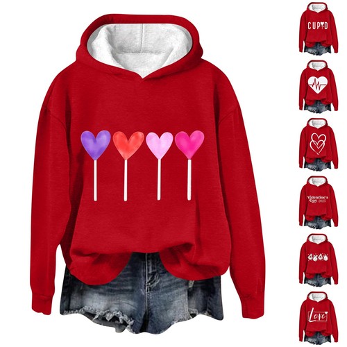 Women's Long Sleeved Shirt With Valentine's Day Print And Hooded Sweatshirt