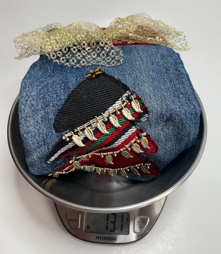 Pair of Handmade Hanging Santa Stockings Christmas Ornaments Wool & Denim Large - Picture 19 of 48