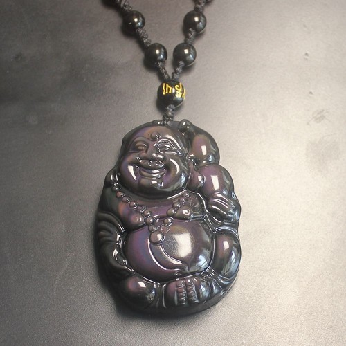 Natural black rainbow obsidian laugh buddha necklace pendant bead with chain - Picture 13 of 15