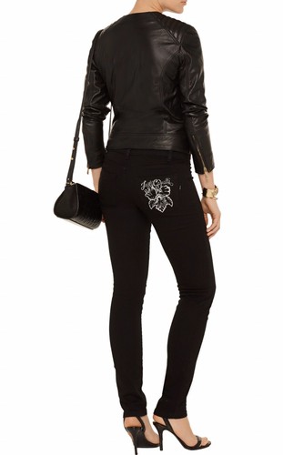 CHAQUETA MOTO DE CUERO JUST CAVALLI - NEGRA/IMPRESIÓN LEOPARDO - CREMALLERA FRONTAL - IT 44-US 4-6 NUEVA CON ETIQUETAS - Imagen 4 de 12