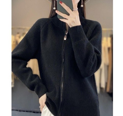 Turtleneck Wool Zippered Cardigan Women's Pure Wool Knit Loose Top Jacket Coats - Foto 4 di 15