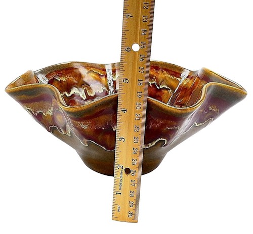 Geriffelte Schüssel 10,5" Studio Kunst Keramik Tropfglasur rot braun creme Steinzeug signiert - Bild 9 von 11