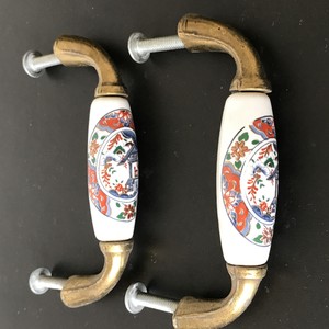 Vintage Ceramic Brass Drawer Pulls Handles Asian Japanese Art Set