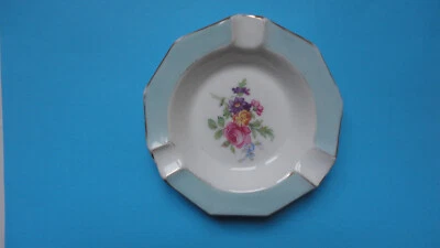 ANCIEN CENDRIER VERT BLEU A DECOR FLORAL PORCELAINE - Photo 1/2