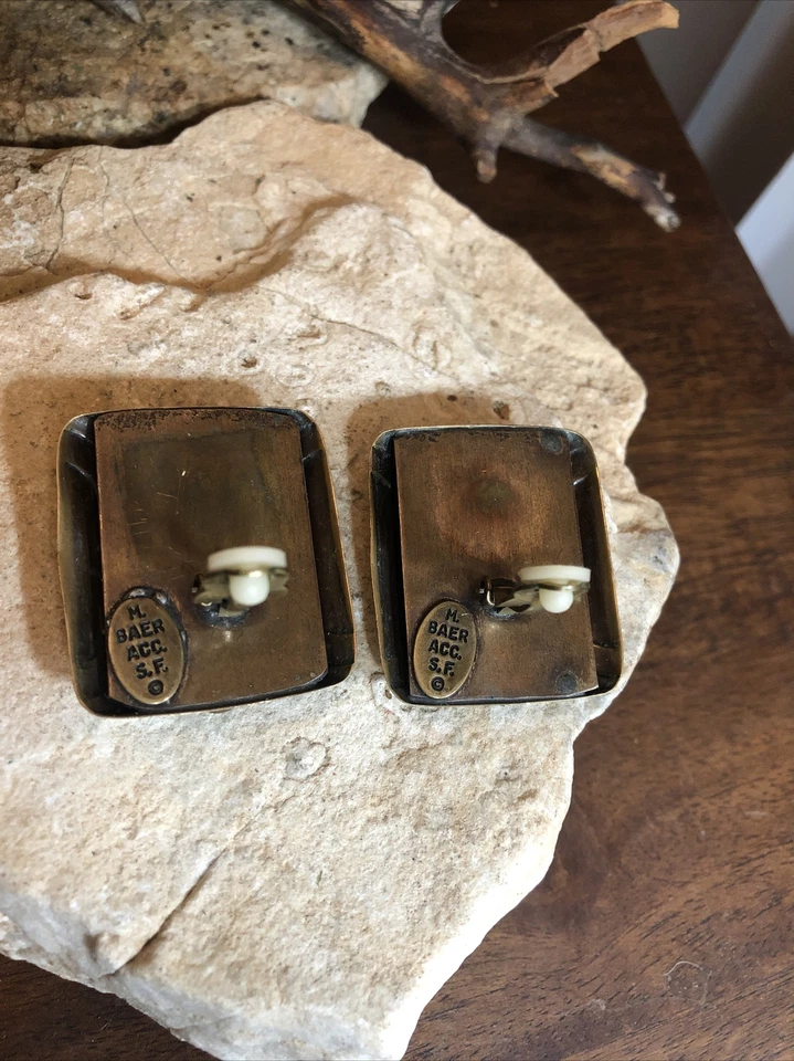 Vintage M. BAER ACC. S.F. Pendientes de clip rectangular de latón turquesa piedra Foto 3 de 4