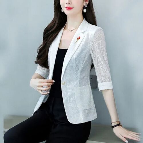 Lady Slim Hollow Suit Jacket Blazer Coat Formal 3/4 Sleeve One Button Fit Jacket - Picture 1 of 7