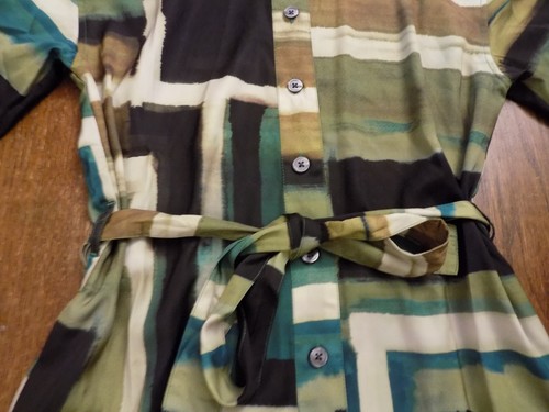 Banana Republic Silky Brush Stokes Olive Black Teal Button Belted Shirt Dress XS - Picture 3 of 8