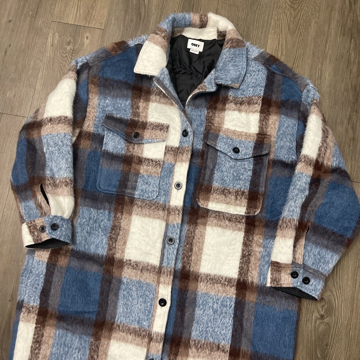 OBEY Size Large Womens Shacket Jacket Blue Plaid Emile Brushed