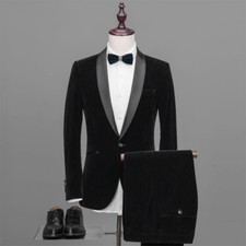 Black Men Velvet Suits Slim Fit Groom Tuxedos Wedding Business Party Prom Custom