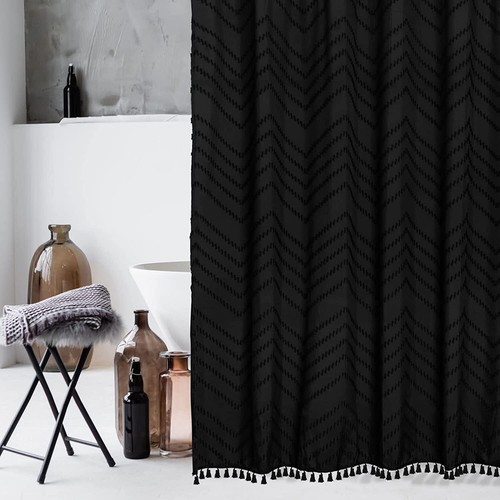 Boho Duschvorhang Schwarz Quaste Webstoff Duschvorhang Modern 72 x 72 Zoll - Bild 6 von 6