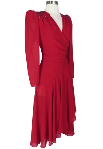 Vintage 80s 40s Red Wrap Beaded Sequin Long Sleeve Draped Cocktail Party Dress S - Picture 6 of 17