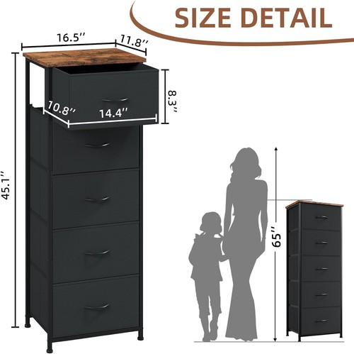 Compact Black Tall Dresser with 5 Drawers - Ideal for Bedrooms and Living Rooms - Picture 4 of 10