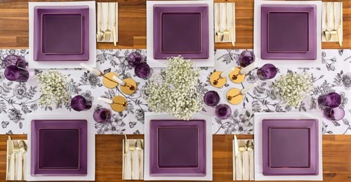 7.75" Square Edge Translucent Purple Disposable Plates with Gold Rim 100pcs - Foto 4 di 4