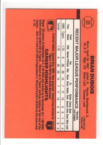 1990 Donruss Brian Dubois novato #38 tarjeta de error de radiocontrol - Imagen 2 de 2