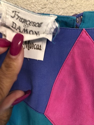 Vintage Dress 80s Francesca Of Damon For Starington Teal 100% Silk Sz 16 - Picture 10 of 12