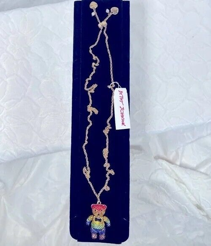 Betsey Johnson Rainbow Crystal Jointed Teddy Bear Pendant Necklace NWT Pride++++ - Picture 17 of 18