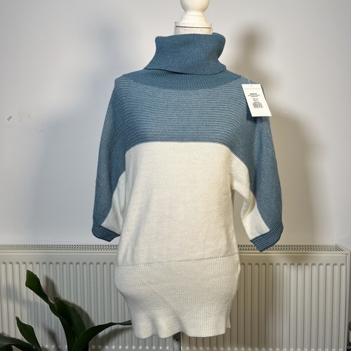 Artigiano Size 12 M Merino Wool Blend Teal/Ivory Striped Chunky Knit Jumper New - Picture 2 of 18