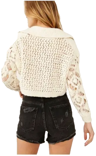 Free People Women's Ecru Knitted Long Sleeve Cropped Cardigan Sweater Size XS - Picture 2 of 11