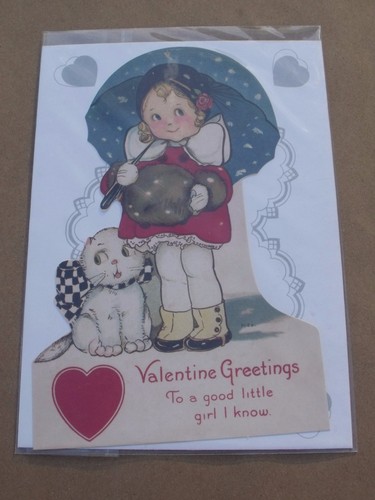 NEW VTG Look Valentine Die-Cut Card Laughing Elephant Little Girl Umbrella Cat - Picture 1 of 5