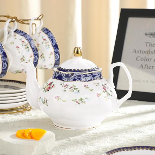 fanquare Bone China Teeservice für Erwachsene, 21-teilig Blau & Rosen Porzellan Teeservice - Bild 2 von 3