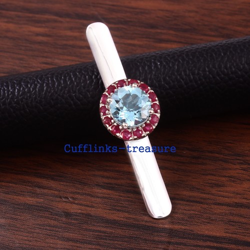 Natural Blue topaz & Ruby Gemstones 925 Sterling Silver Tie Clip for Men's #321 - Picture 5 of 7