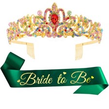 Bride To Be Sash Crystal Crown Set Gold Green Bridal Shower Decorations Glitt...