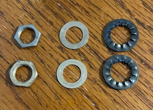 Vintage ORIGINAL 1960's Set of 2 Guitar nuts, washers & lock washers for US Pots