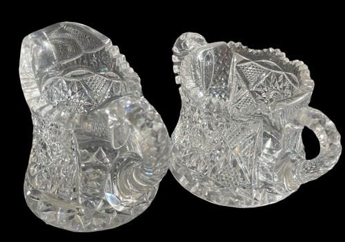 Vintage Crystal Creamer and Open Sugar Bowl Set Sawtooth Edge Lines Star Heavy - Picture 9 of 12