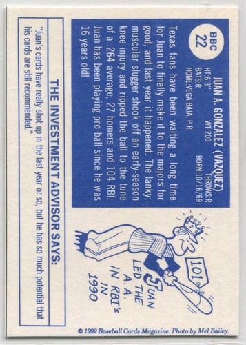1992 Baseball Cards Magazine '70 Topps #22 Juan Gonzalez Texas Rangers - Picture 2 of 2