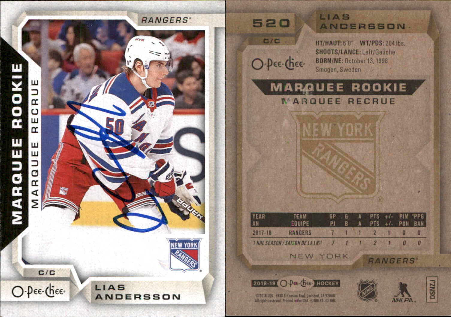 Lias Andersson Signed 2018-19 O-Pee-Chee #520 Card New York Rangers Auto AU