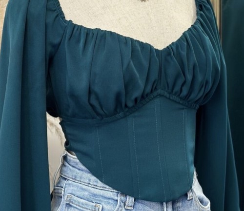 Blusa corta corsé manga abullonada azul pimienta talla S cuello cuadrado verde nueva con etiquetas  - Imagen 1 de 8
