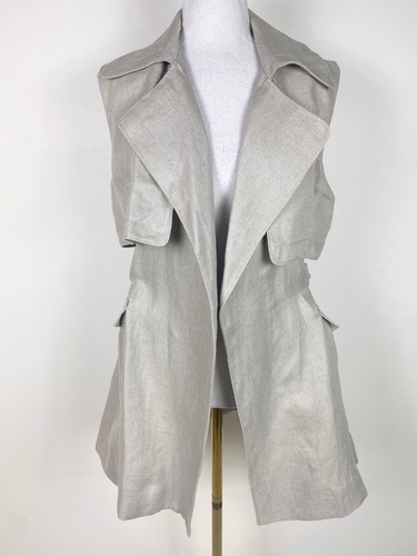 SPORTSCRAFT Vest Jacket 12 Beige Linen Belted Collared Trench Sleeveless Casual - Picture 6 of 6