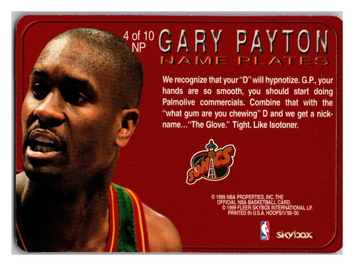 1999-00 NBA Hoops Skybox Gary Payton #4 NP GLOVE Name Plates Sonics HOF NBA - Picture 2 of 2