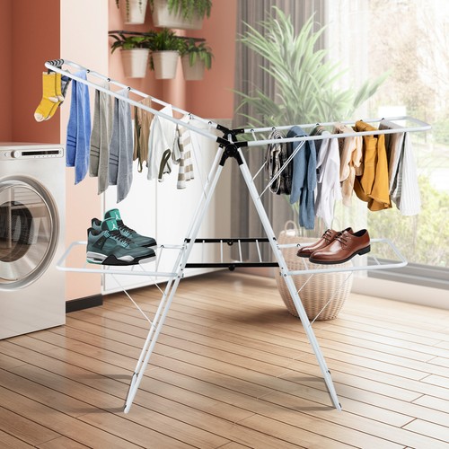 2-Tier Foldable Clothes Drying Rack 2-Level Garment Hanger w/Adjustable Gullwing - Picture 3 of 8