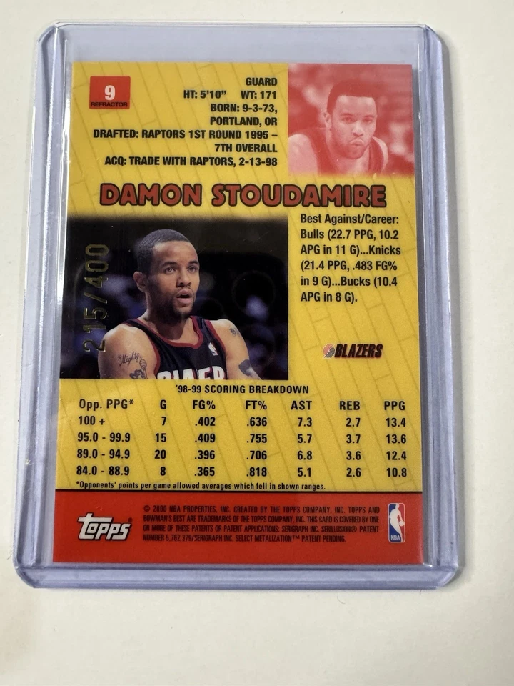 DAMON STOUDAMIRE 1999-00 BOWMAN'S BEST #9 ATOMIC REFRACTOR /400 TRAIL BLAZERS - Image 2 of 3