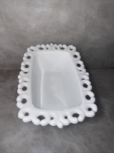 Vintage Indiana Milk Glass Open Lace Edge Footed Candy Dish Compote Planter - Picture 5 of 14