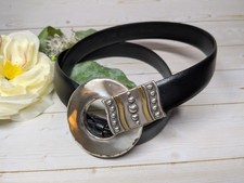 Chicos Black Leather Slide Adjust Belt Silver Gold Tone Hook w/ Ring Sz S M