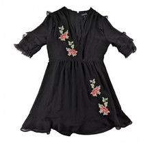 Topshop Black Floral Embroidered Mini Dress Sheer Sleeve V Neck UK 10