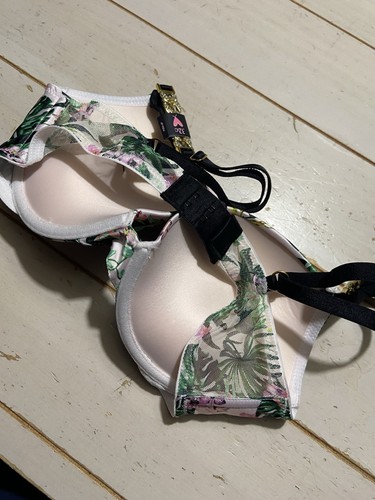 Victoria Secret Bra 32C Bombshell Push Up Tropical Gold Chain Shine Strap Bling - Picture 4 of 8