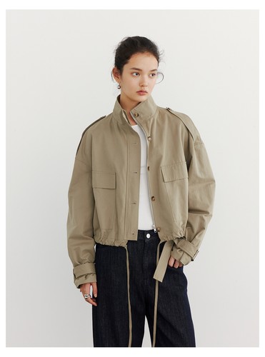 Drawstring Short Coat Women's Autumn Long Sleeve Stand-up Collar Jacket Trench - Picture 15 of 22