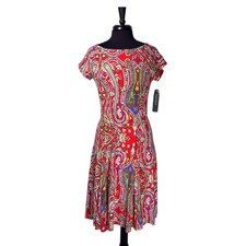 Ralph Lauren Womens Dress Large Red Paisley Midi Fit Flare Logo Chain Belt NWT