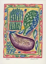 David Sim - Pencil Signed Screenprint - Asparagus, Aubergine & Artichoke