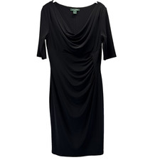 Lauren Ralph Lauren Liquid Knit Black Dress Size 6 Ruched Lined Wrinkle Free