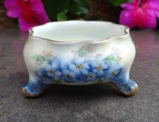 Handpainted, Footed Porcelain Open Salt Dip, Cellar, Dish w/Blue Flowers!