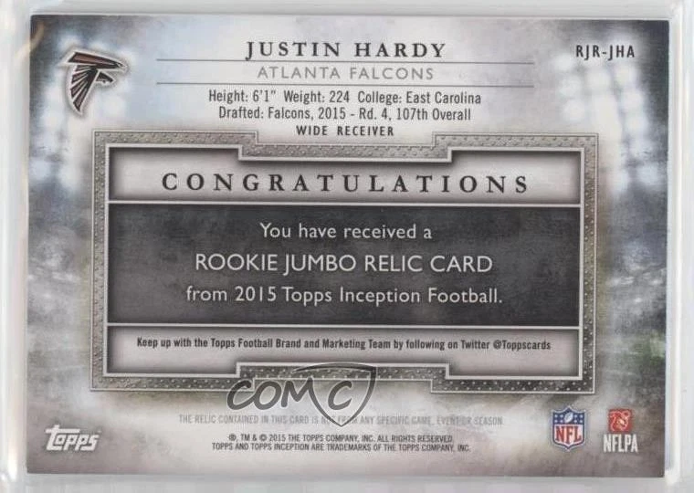 2015 Topps Inception Rookie Jumbo Relics Magenta /50 Justin Hardy #RJR-JHA RC - Image 2 of 2
