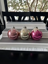 Lot of 3 Vintage MCM Shiny Brite Glass Christmas Ornaments Mica SNOW CAP 2 3/4”