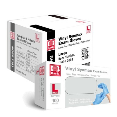 Basic Medical Synmax Vinyl Exam Gloves - Latex-Free & Powder-Free - Large, BM...