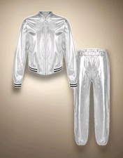 Kids Boys Girls Hip Hop Dance Costumes Shiny Bomber Jacket  Pants Silver Size 6