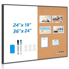 Magnetic Dry Erase White Board  Cork Board Combo, 36"x24", Wall Mounted